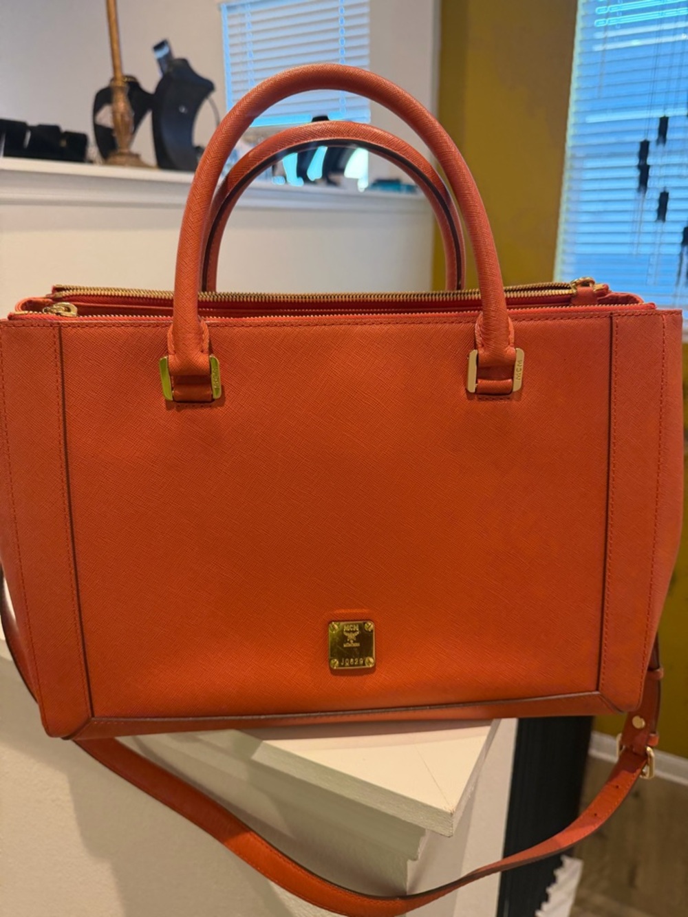 MCM Orange Saffiano Leather Top-Handle Satchel with Gold Hardware